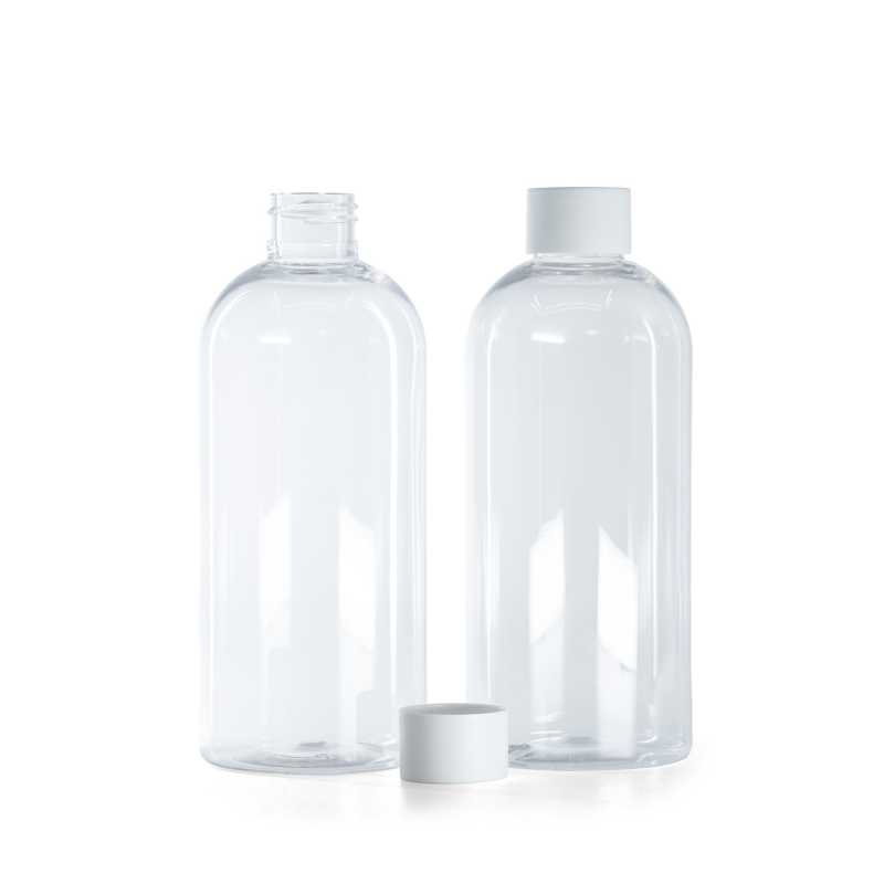 Bottiglia di plastica trasparente, tappo bianco opaco, 300 ml