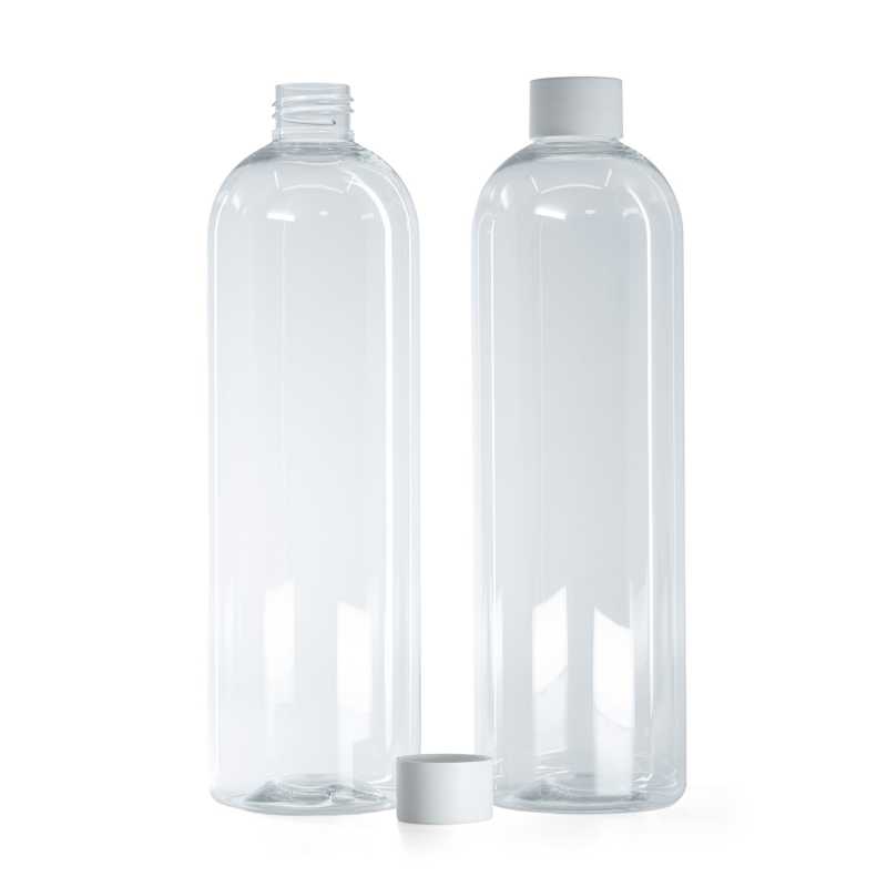Bottiglia in plastica trasparente rotonda, tappo bianco opaco, 500 ml