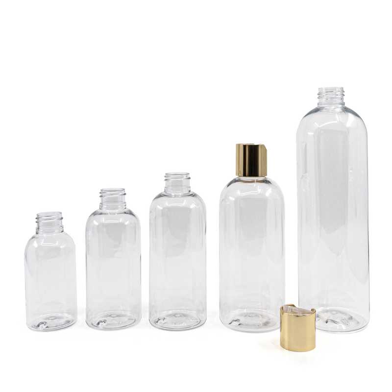 Flacone di plastica trasparente rotondo, tappo disc-top dorato, 100 ml