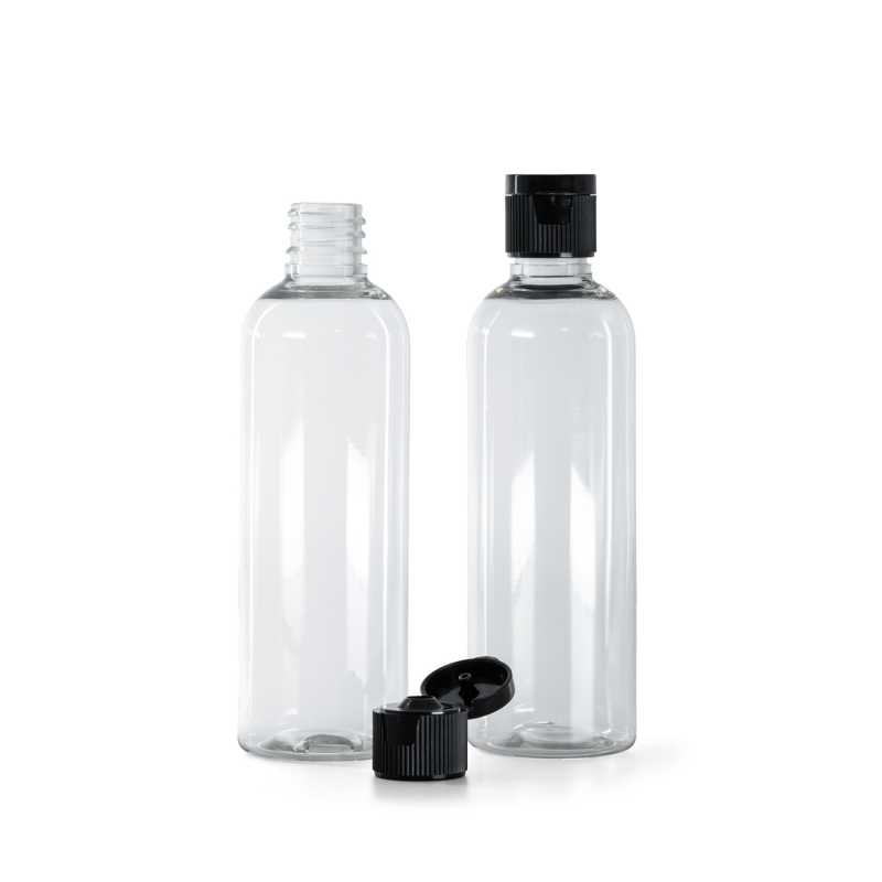 Flacone in plastica, trasparente, tappo flip top in plastica, nero, 100 ml