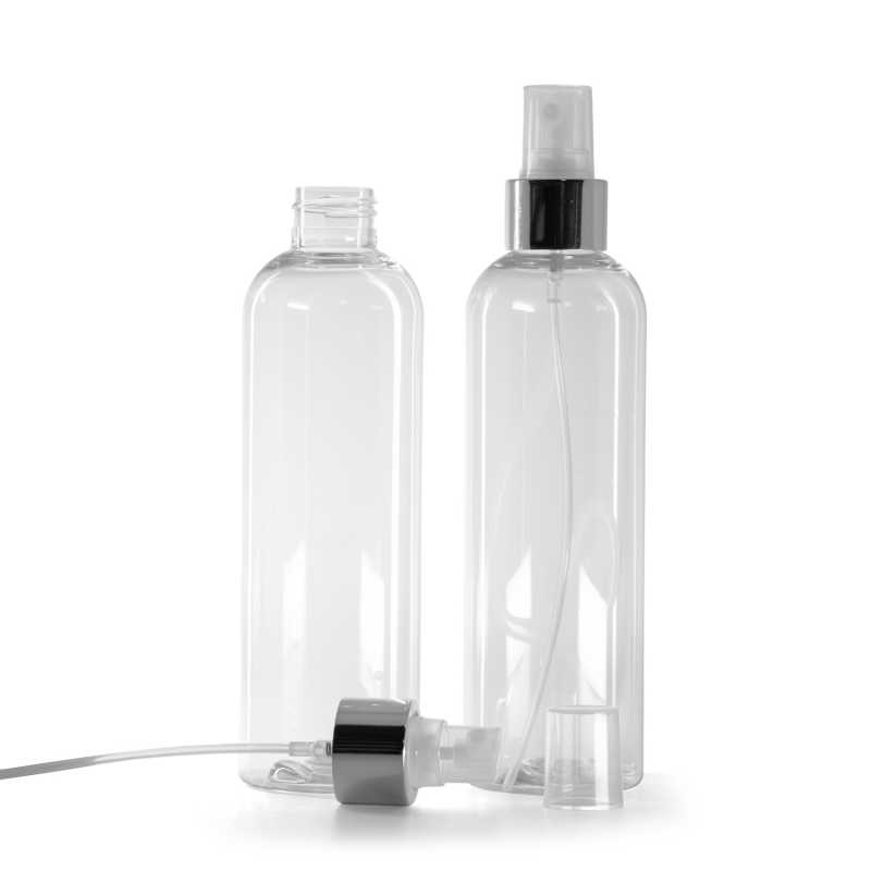 Bottiglia di plastica trasparente, spruzzatore trasparente, anello argento lucido, 250 ml