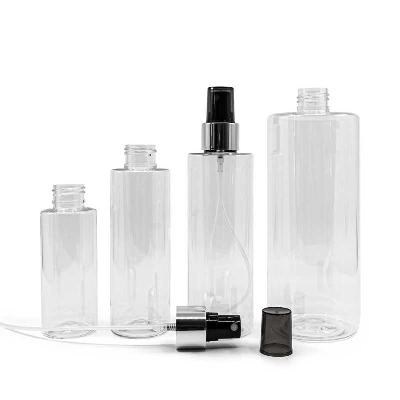 Bottiglia di plastica trasparente, spruzzatore nero, anello argento lucido, 100 ml