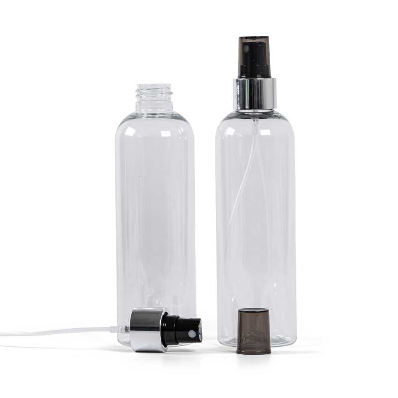 Bottiglia di plastica trasparente, spruzzatore nero, anello argento lucido, 250 ml