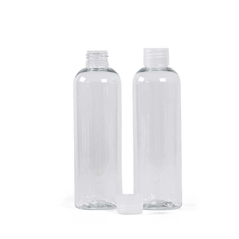 Bottiglia di plastica trasparente, 250 ml, tappo a vite trasparente