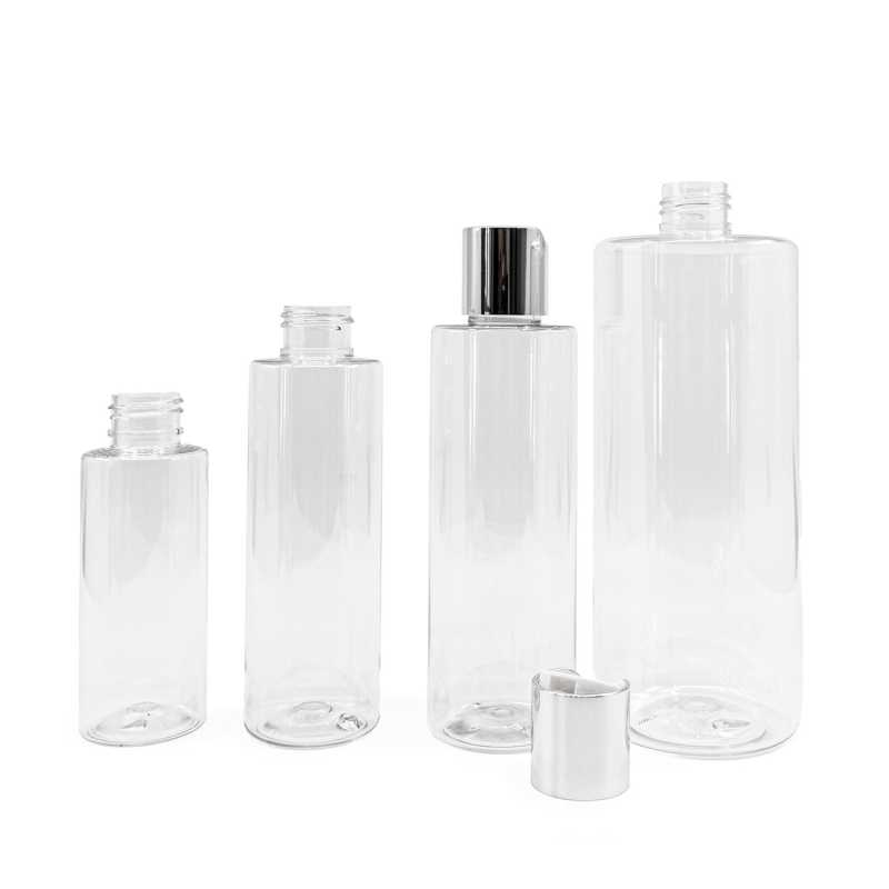 Flacone di plastica trasparente, 100 ml, tappo disc-top argentato