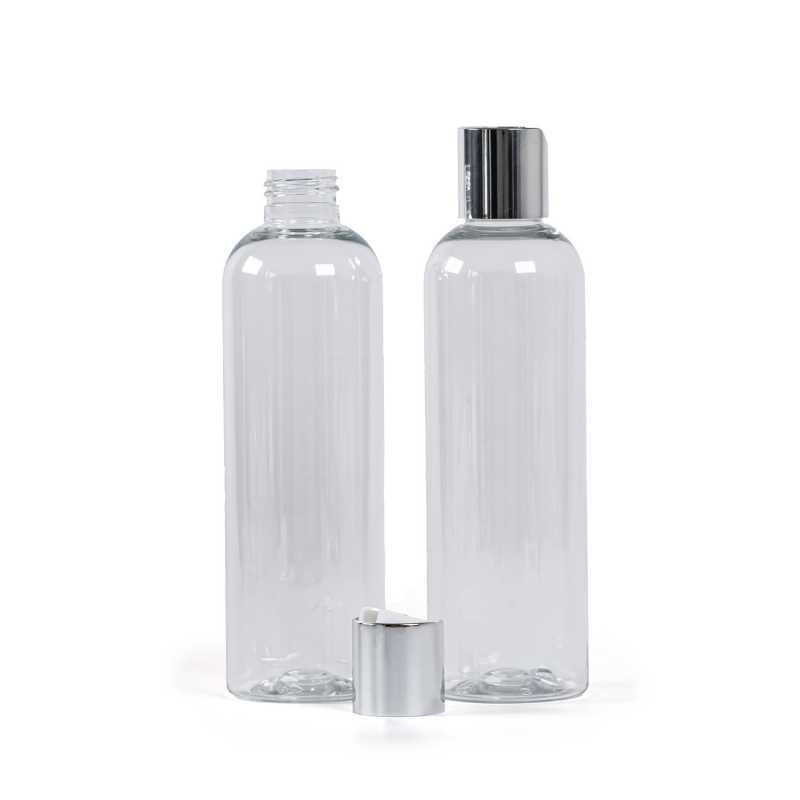 Bottiglia di plastica trasparente, tappo disc-top argentato, 250 ml