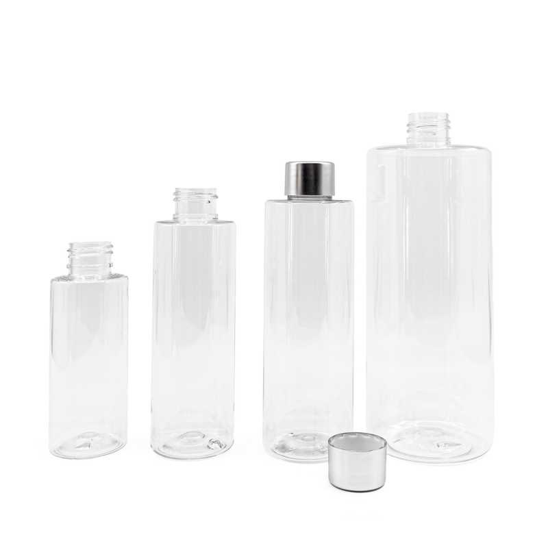 Bottiglia di plastica trasparente, tappo argentato, 150 ml