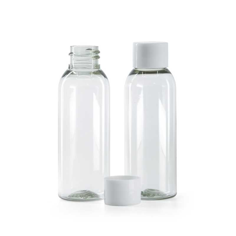 Flacone in plastica riciclata, trasparente, tappo bianco liscio, 50 ml