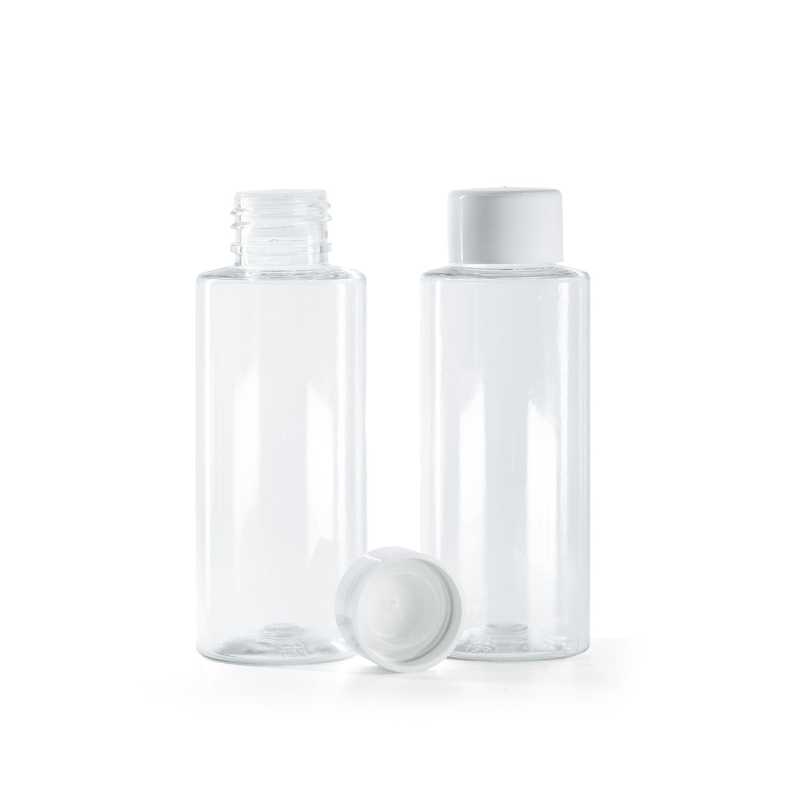 Flacone di plastica trasparente, tappo bianco liscio con riduttore, 100 ml