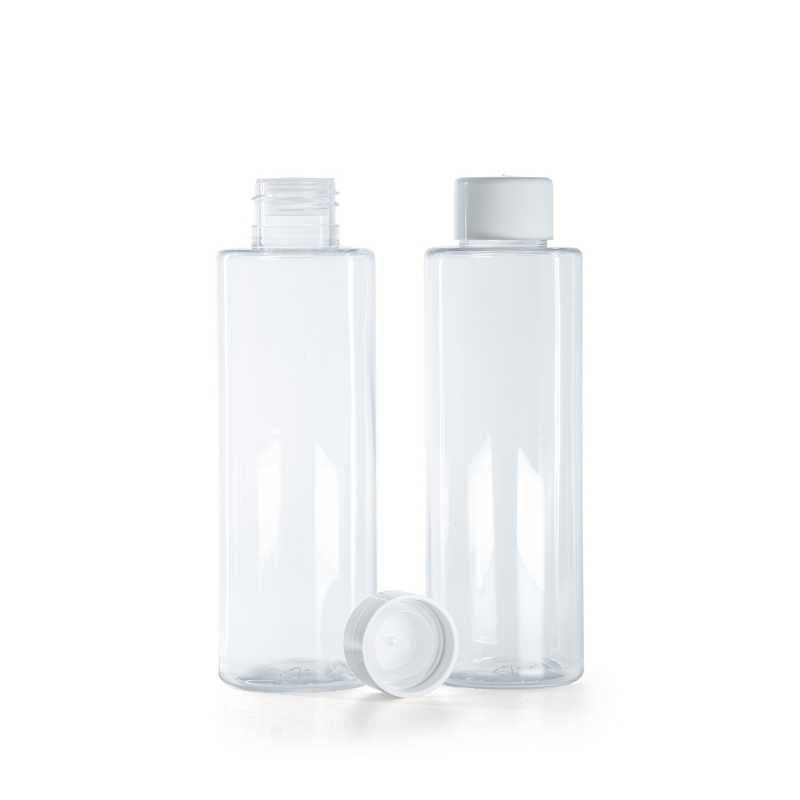 Bottiglia di plastica trasparente, tappo bianco liscio con riduttore, 150 ml