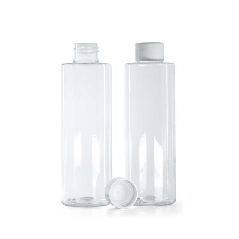 Bottiglia di plastica trasparente, tappo bianco liscio con riduttore, 200 ml