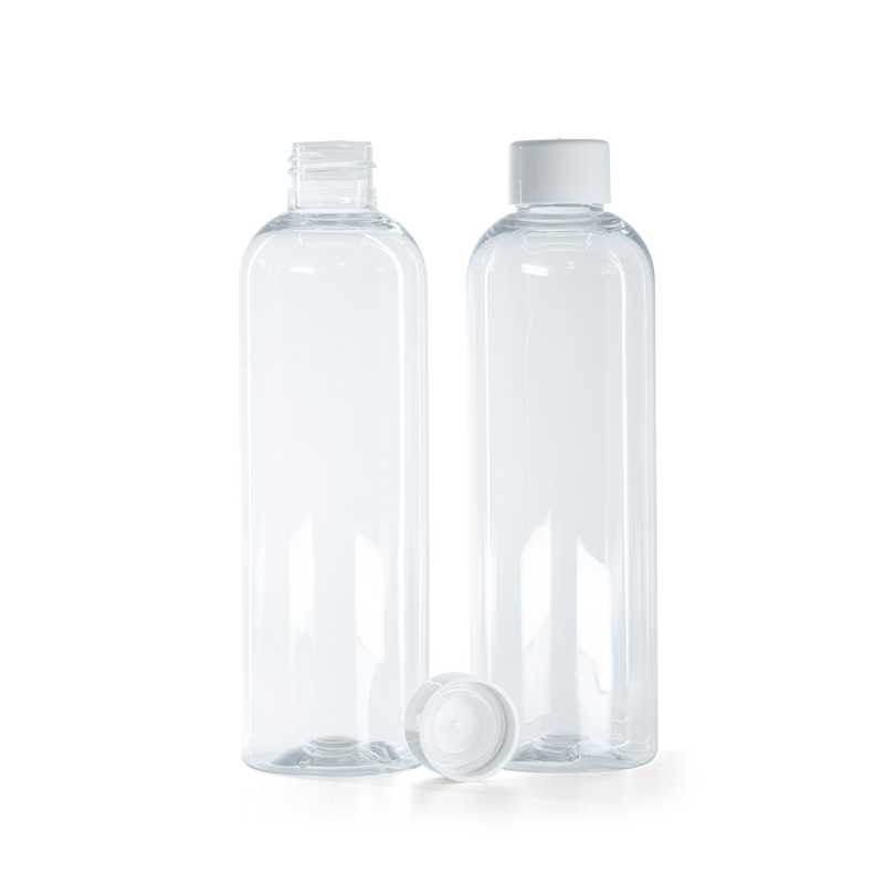 Bottiglia di plastica trasparente, tappo bianco con riduttore, 250 ml