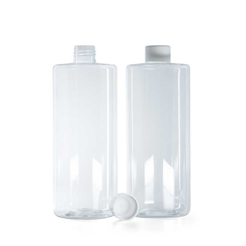 Bottiglia di plastica trasparente, tappo bianco liscio con riduttore, 500 ml