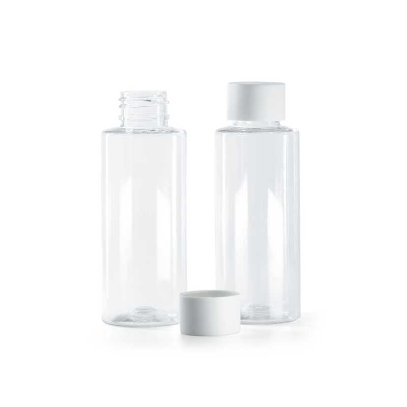 Flacone di plastica trasparente, 100 ml, tappo bianco opaco