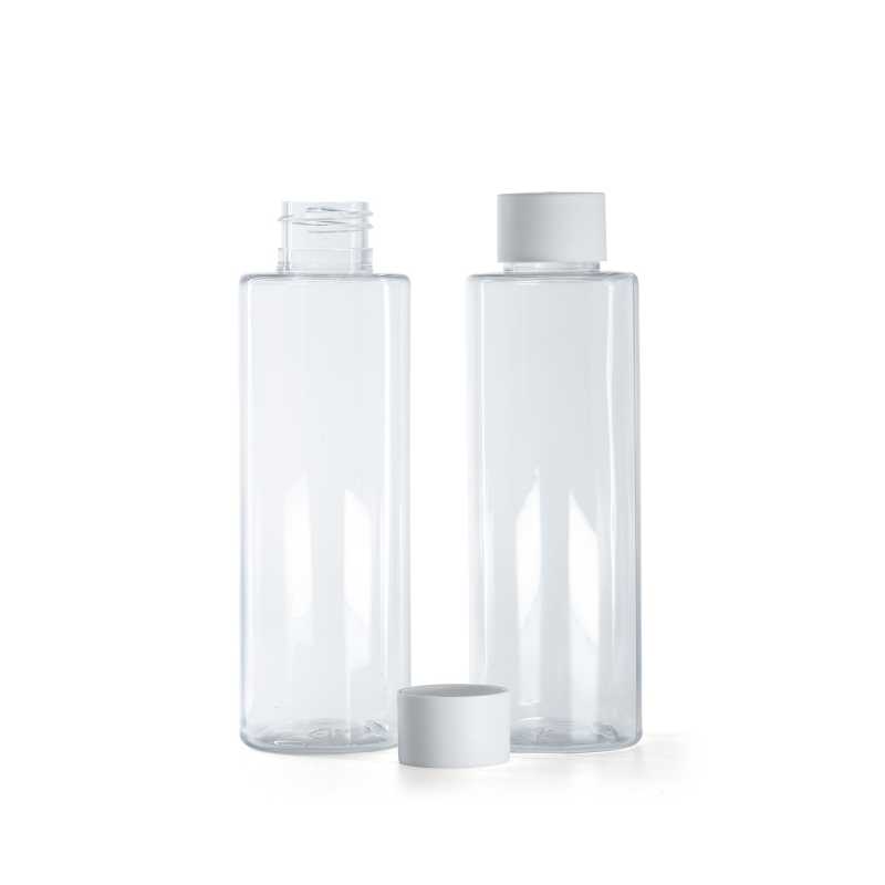 Bottiglia di plastica trasparente, tappo bianco opaco, 150 ml