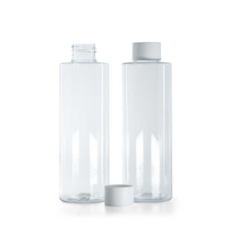 Bottiglia di plastica trasparente, 200 ml, tappo bianco opaco