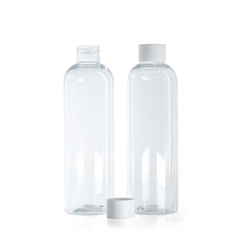 Bottiglia di plastica trasparente, tappo bianco opaco, 250 ml