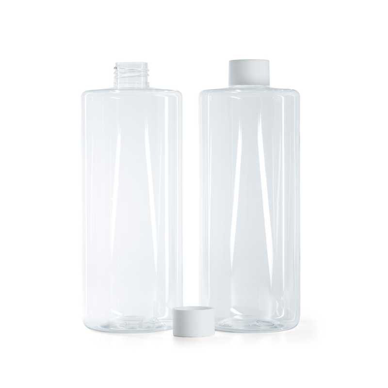 Bottiglia di plastica trasparente, tappo bianco opaco, 500 ml