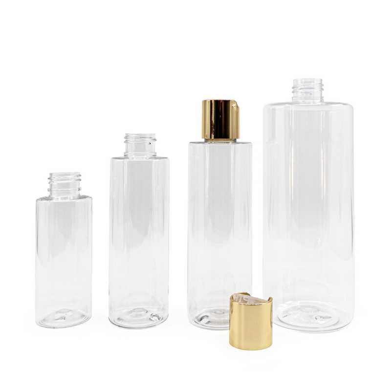 Bottiglia di plastica trasparente, tappo disc-top dorato, 150 ml