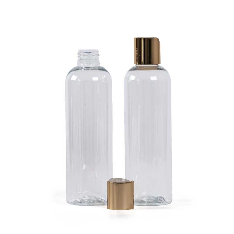 Bottiglia di plastica trasparente, tappo disc-top dorato, 250 ml