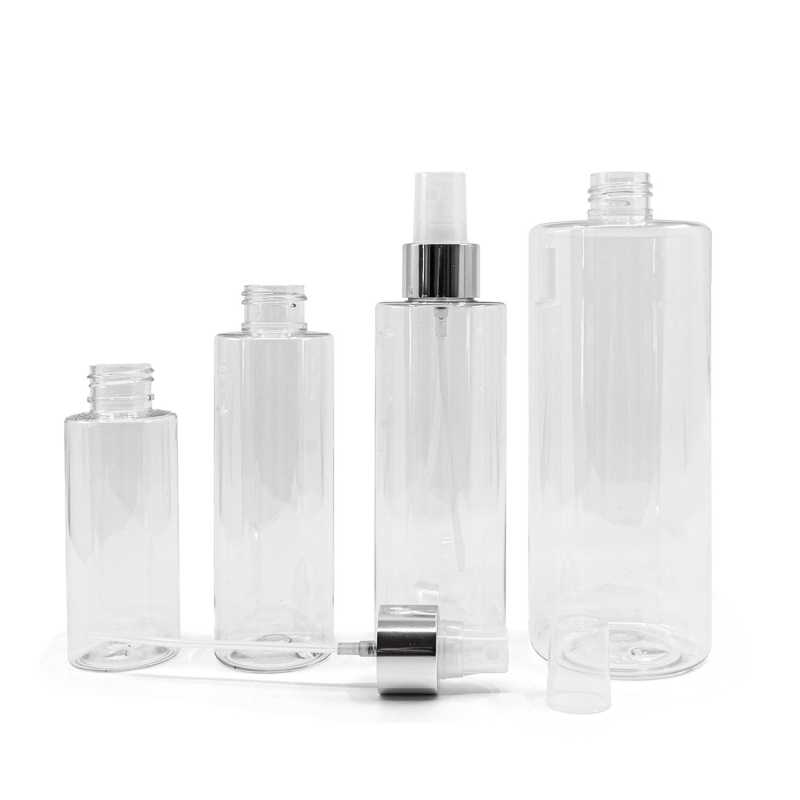 Bottiglia di plastica, spruzzatore trasparente, anello argento lucido, 150 ml