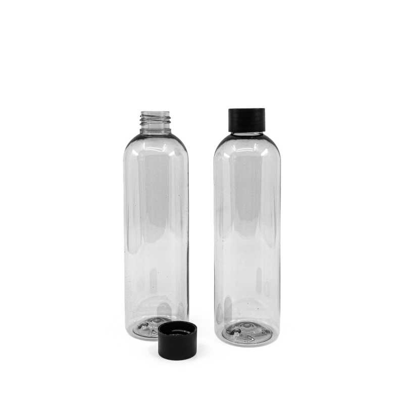 Bottiglia in plastica riciclata, 24/410, tappo nero opaco, 250 ml