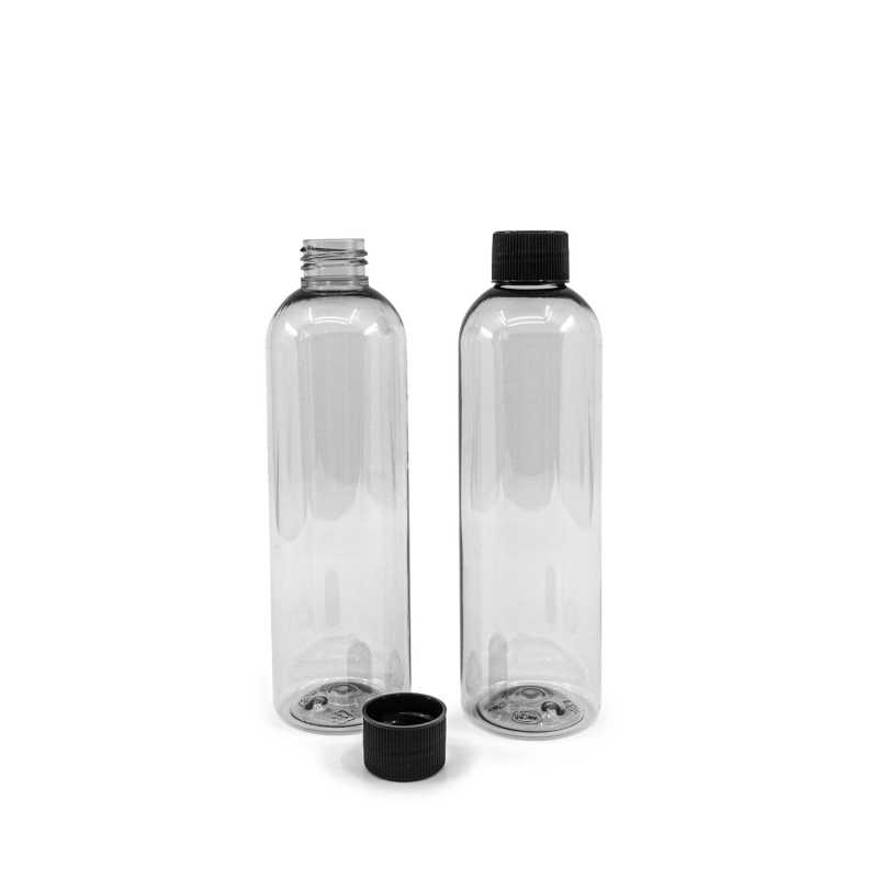 Bottiglia in plastica riciclata trasparente, 250 ml, tappo zigrinato nero