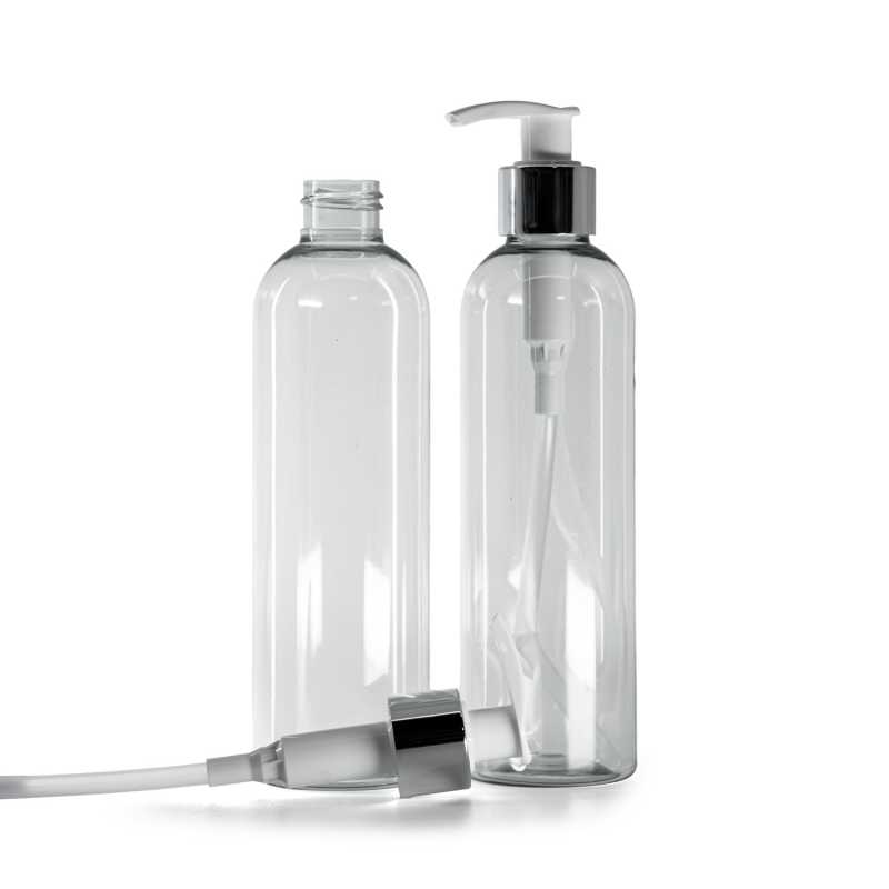 Bottiglia di plastica riciclata, dosatore bianco e argento, 250 ml