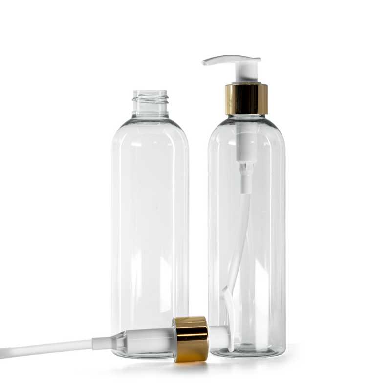 Bottiglia di plastica riciclata, dosatore di crema bianco con collare liscio dorato, 250 ml