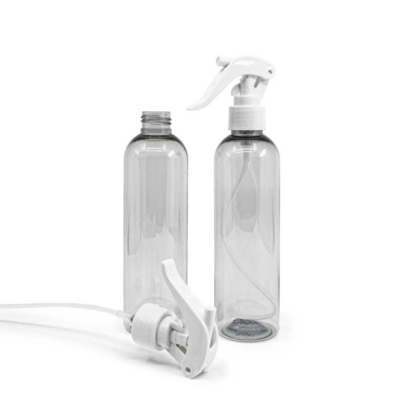 Bottiglia di plastica riciclata, spruzzatore a grilletto bianco, 250 ml