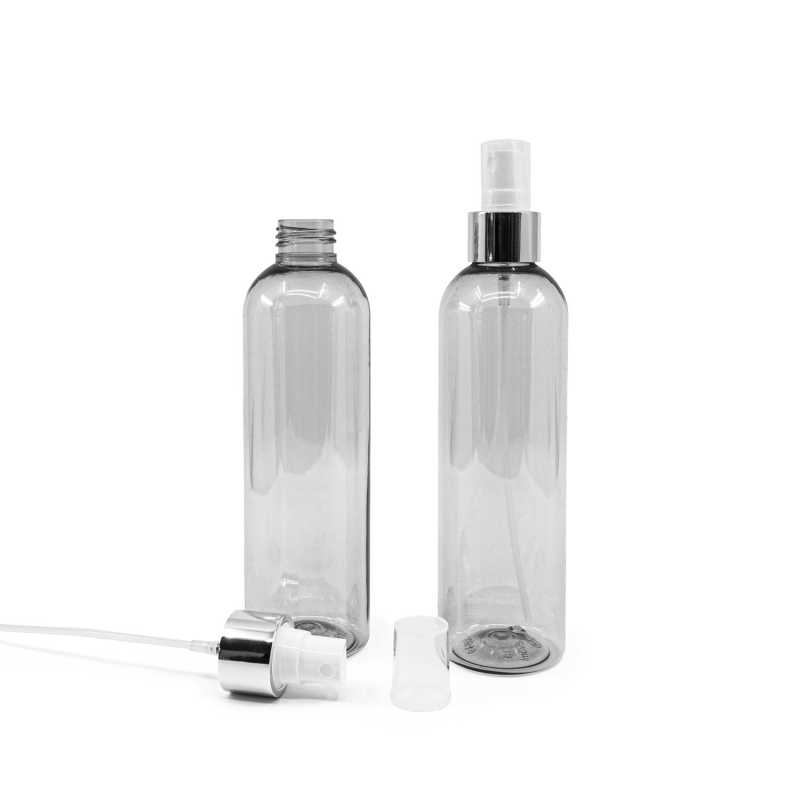 Bottiglia in plastica riciclata, spruzzatore bianco, collare argento lucido, 250 ml