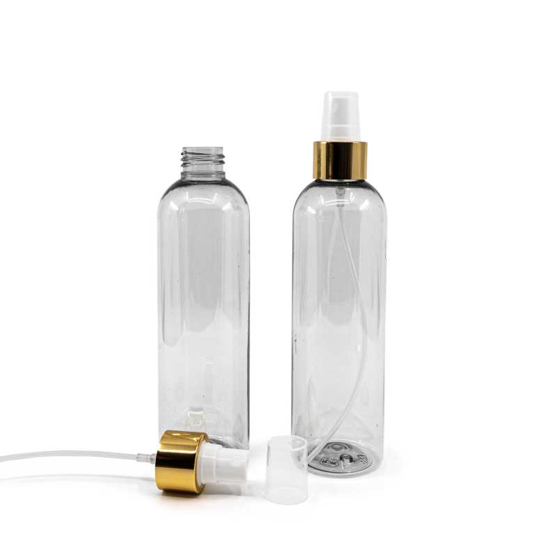 Bottiglia in plastica riciclata, spruzzatore bianco, anello oro lucido, 250 ml
