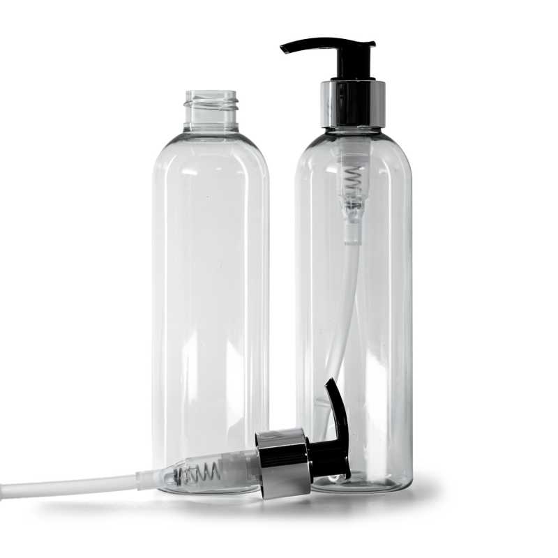 Bottiglia di plastica riciclata, dosatore nero e argento, 250 ml