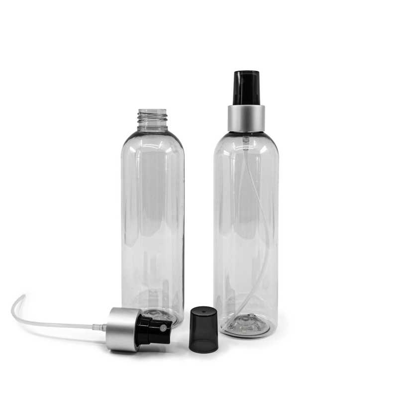 Bottiglia in plastica riciclata, spruzzatore nero, anello argento opaco, sopra-tappo fumé, 250 ml
