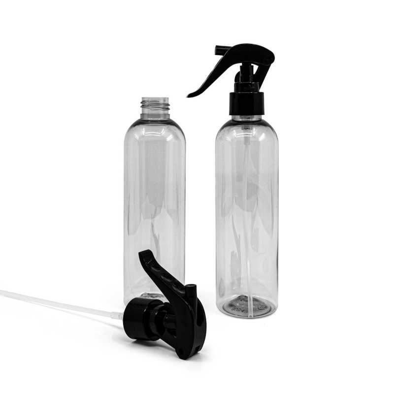 Bottiglia di plastica riciclata, spruzzatore a grilletto nero, 250 ml