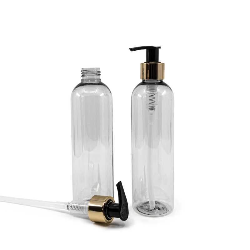Bottiglia in plastica riciclata, pompa nero e oro, 250 ml