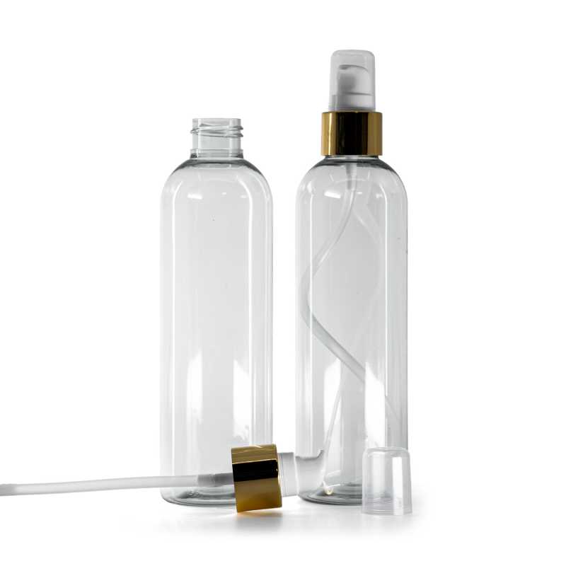 Bottiglia in plastica riciclata, pompa lozione bianca con sopra-tappo dorato, 250 ml