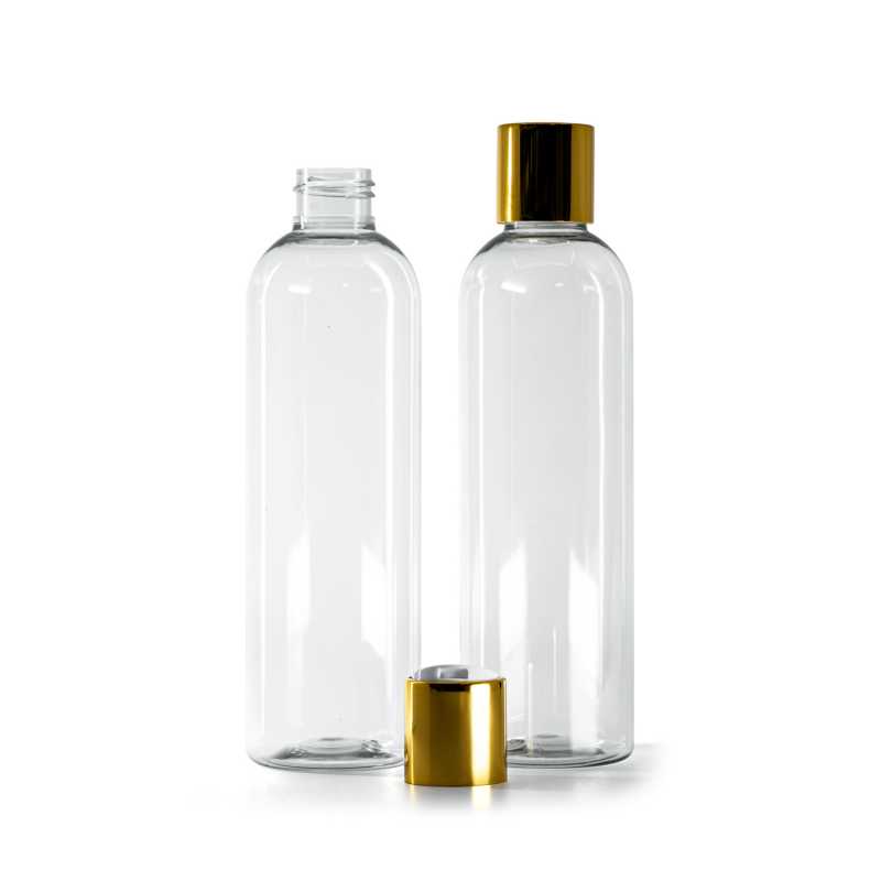 Bottiglia in plastica riciclata, tappo disc-top in plastica bianca con ghiera in alluminio dorato, 250 ml