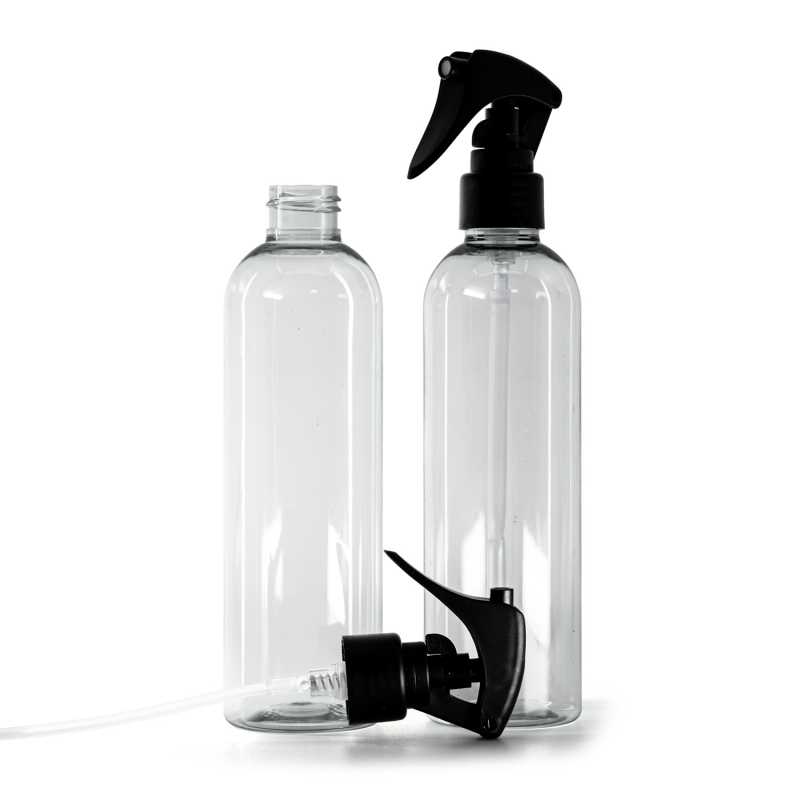 Bottiglia di plastica riciclata, spruzzatore a grilletto nero opaco, anello liscio, 250 ml