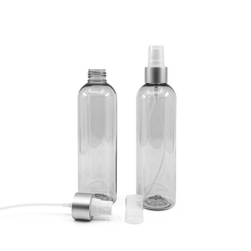 Bottiglia di plastica riciclata trasparente, spruzzatore bianco, anello argento opaco, 250 ml