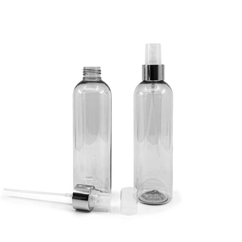 Bottiglia in plastica riciclata, spruzzatore trasparente, anello argento lucido, 250 ml