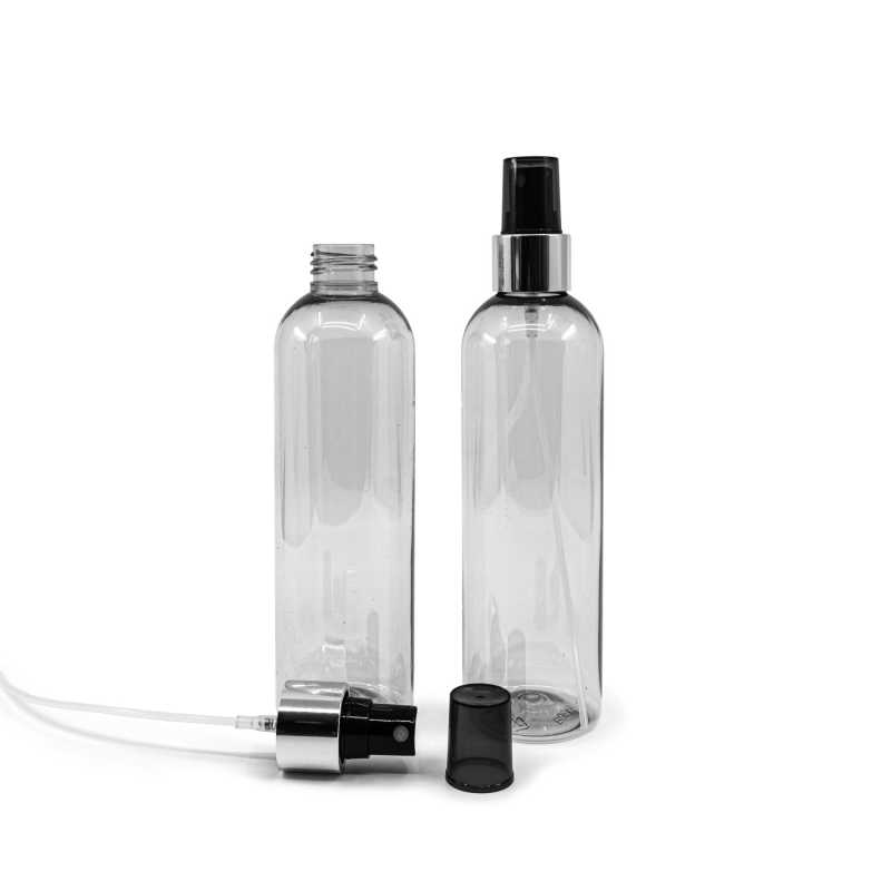 Bottiglia in plastica riciclata, spruzzatore nero, anello argento lucido, 250 ml
