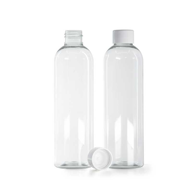 Bottiglia in plastica riciclata, tappo bianco liscio con riduttore, 250 ml
