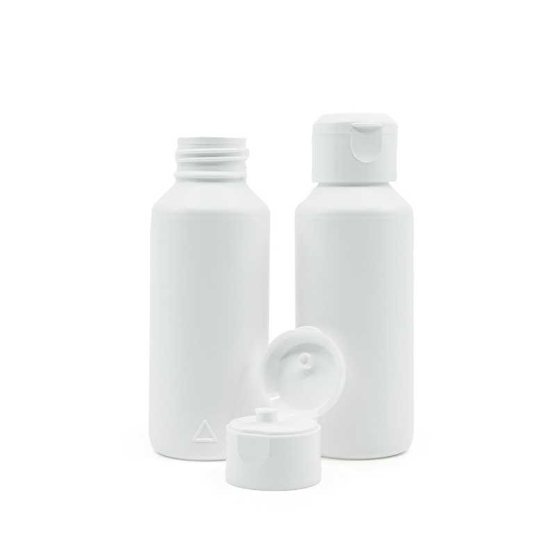 Flacone di plastica HDPE bianco, tappo flip-top bianco, 100 ml