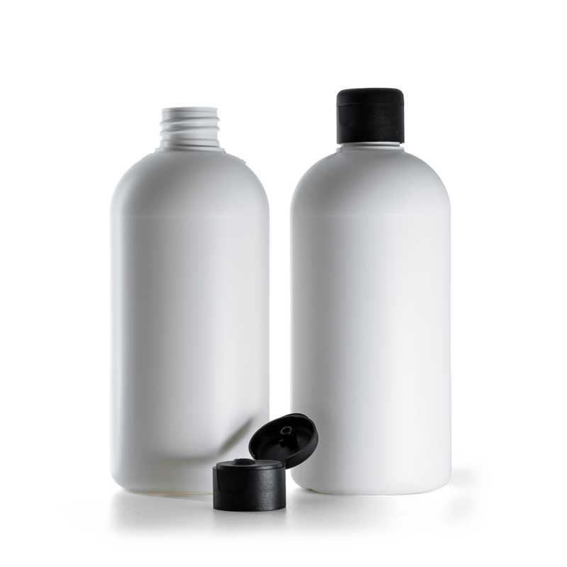 Bottiglia in plastica HDPE bianca, tappo flip-top nero opaco, 500 ml