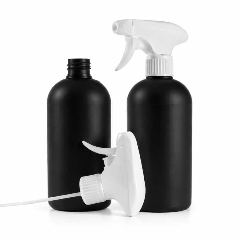 Bottiglia in plastica HDPE nera, spruzzatore a grilletto bianco, 500 ml