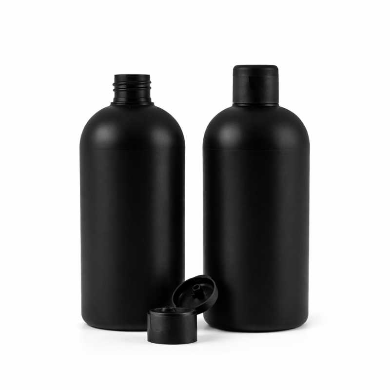 Bottiglia in plastica HDPE nera, tappo flip-top nero opaco, 500 ml