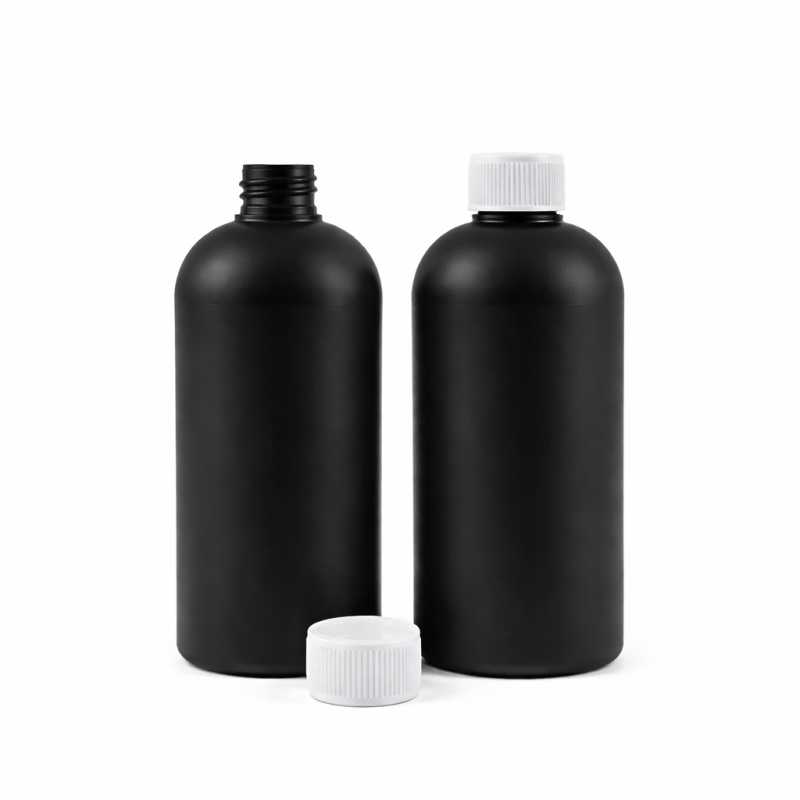 Bottiglia in plastica HDPE nera, tappo con sicurezza, 500 ml