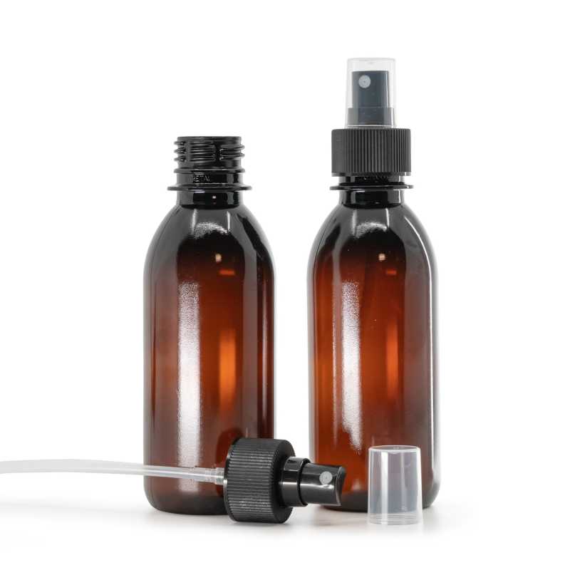 Bottiglia di plastica marrone, spruzzatore a nebulizzazione fine in plastica nero, collare zigrinato, 28/410, 200 ml