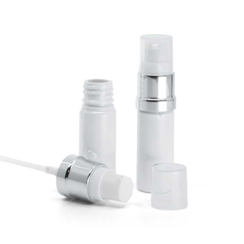 Flacone in plastica, bianco, dosatore bianco argento lucido, 10 ml